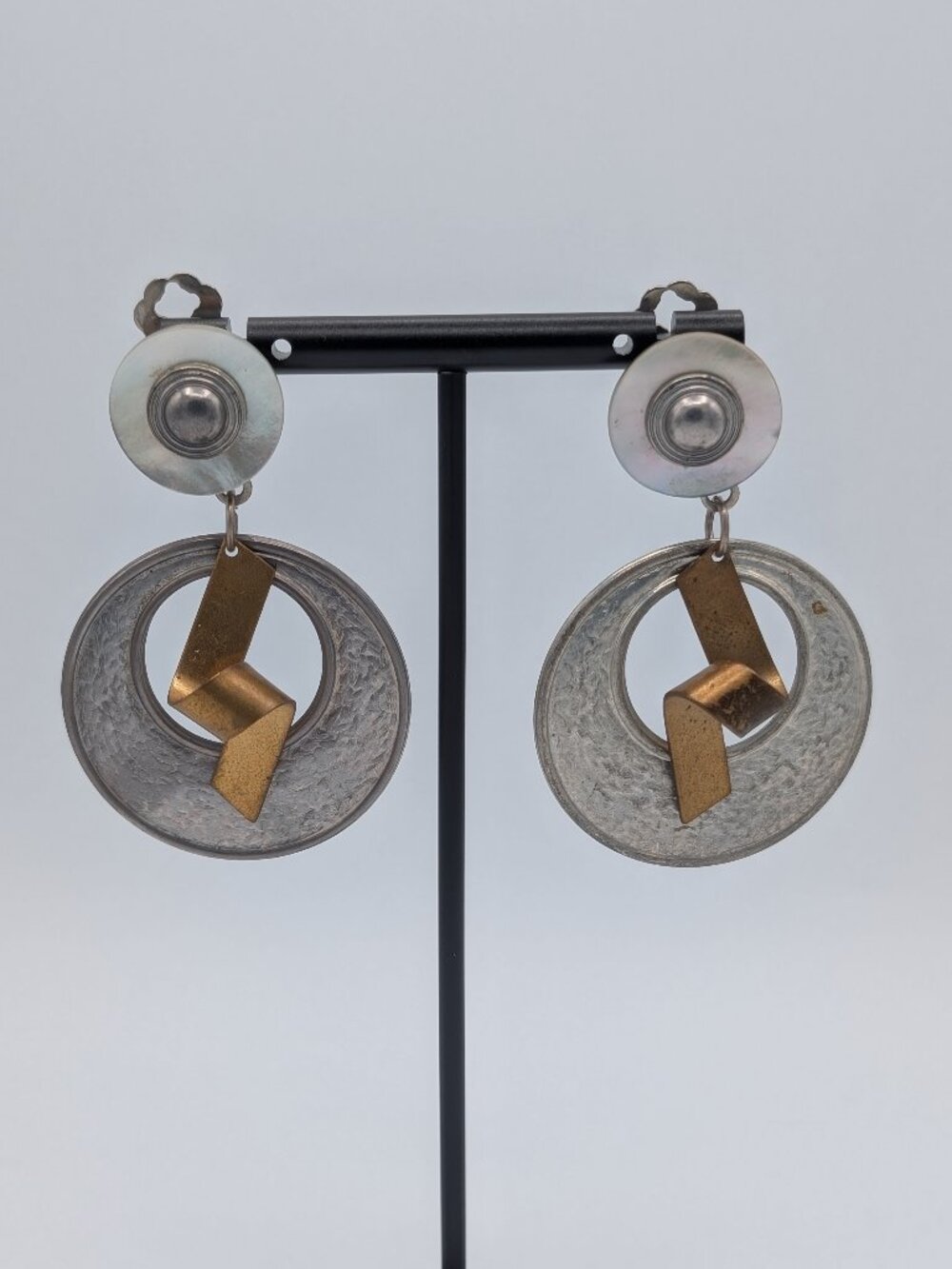 Vintage 1980s Mixed Metal Brutalist Brass Mother of Pearl Drop Clip Earrings